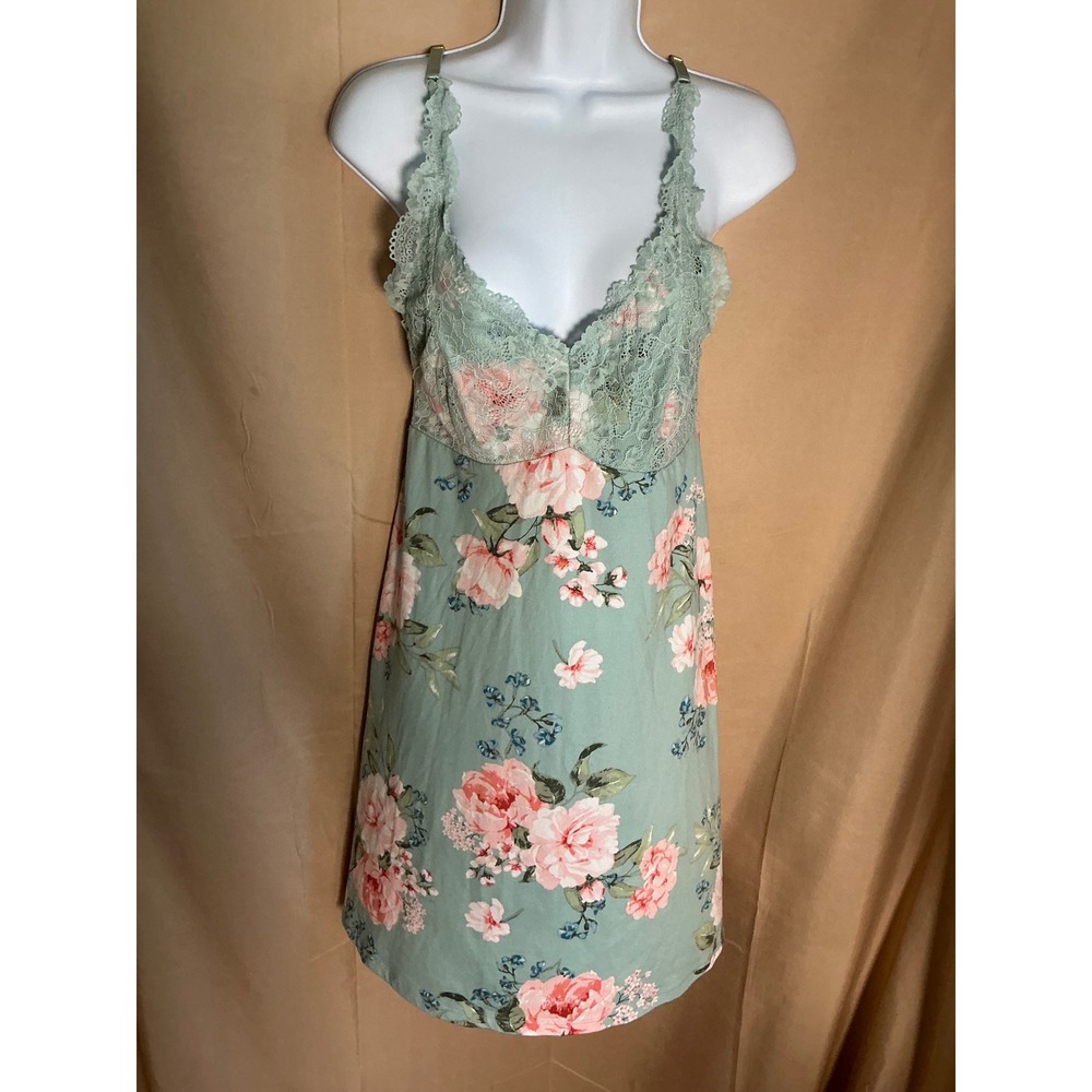 Flora Nikrooz Chemise Nightgown Womens XL Green Excellent Floral Lace Trim